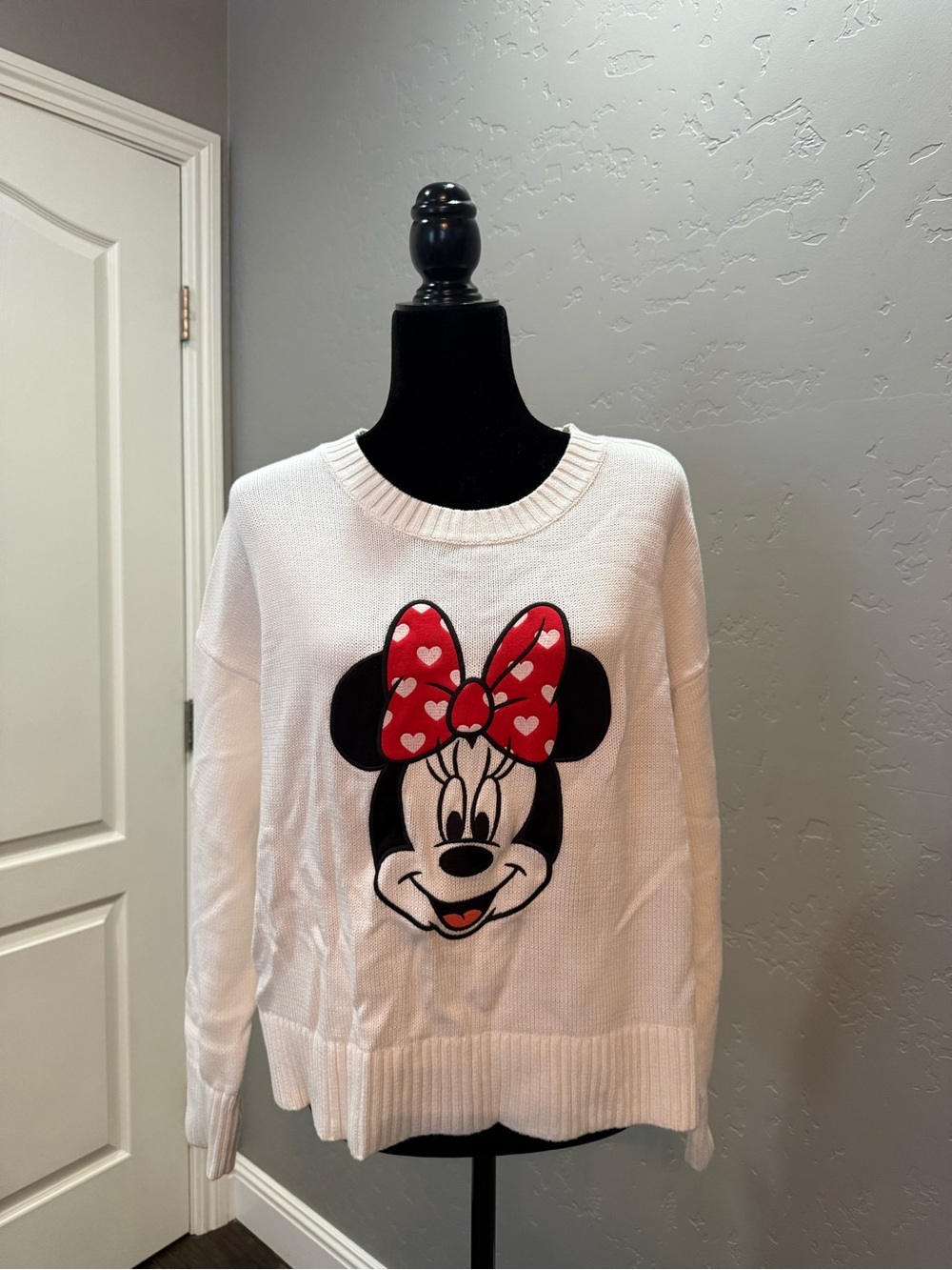 Old Navy White Knit Sweater with Red Minnie Bow Graphic